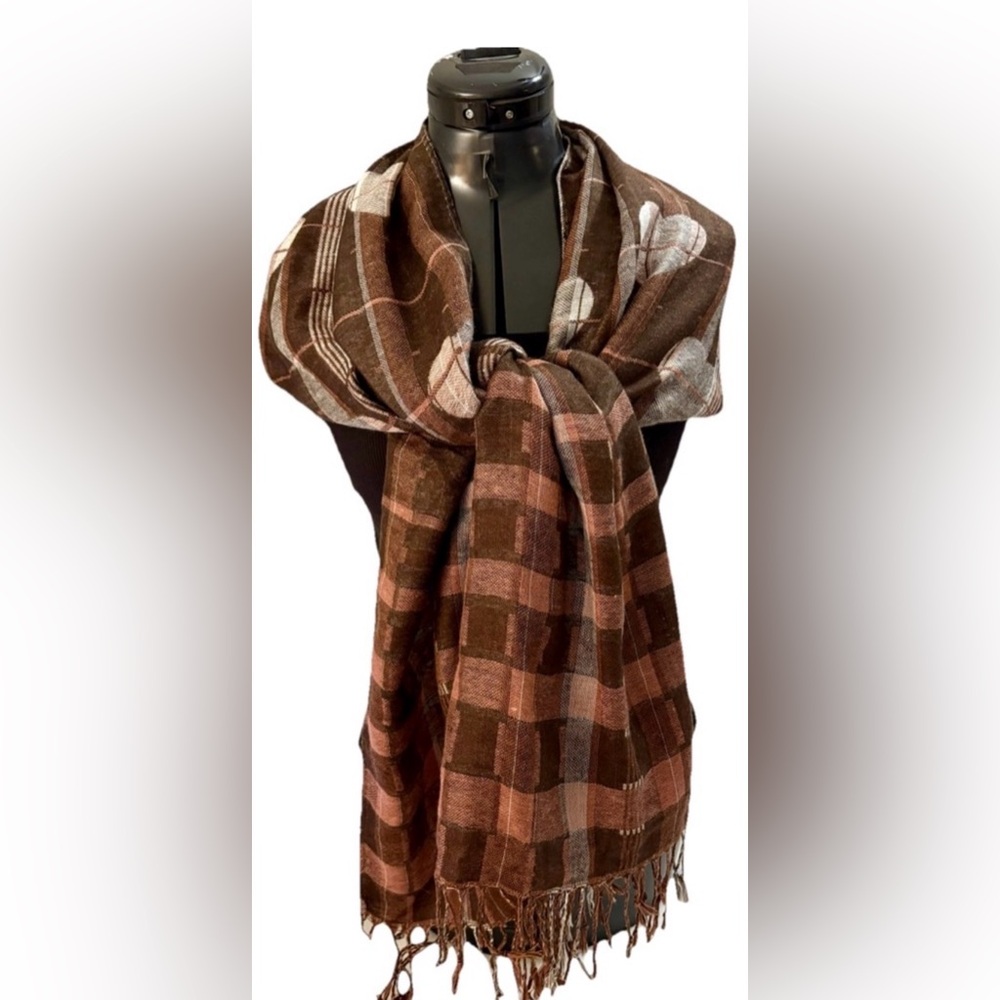 Brown Plaid Heart Scarf/ Wrap XL Has some pink strips very long with fringe